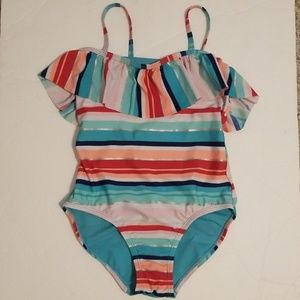 Little Girls Size 7/8 Ruffled Striped Swimsuit